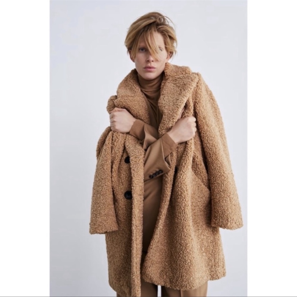 Zara Camel Double-Breasted Teddy Coat Blogger Favorite Size XS